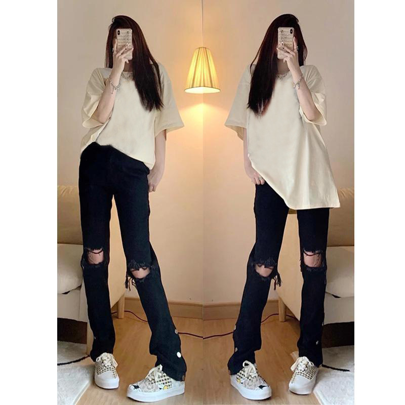 Knee ripped jeans women's spring and autumn straight design high waist slimming mopping trousers summer high street ins fashion