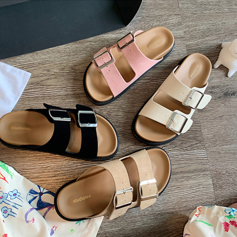 Grape Mom Same Style Summer Vintage Flat Bottom with Square Buckle Adjustable Thick Bottom Birkenstock Slippers Women's Genuine Leather