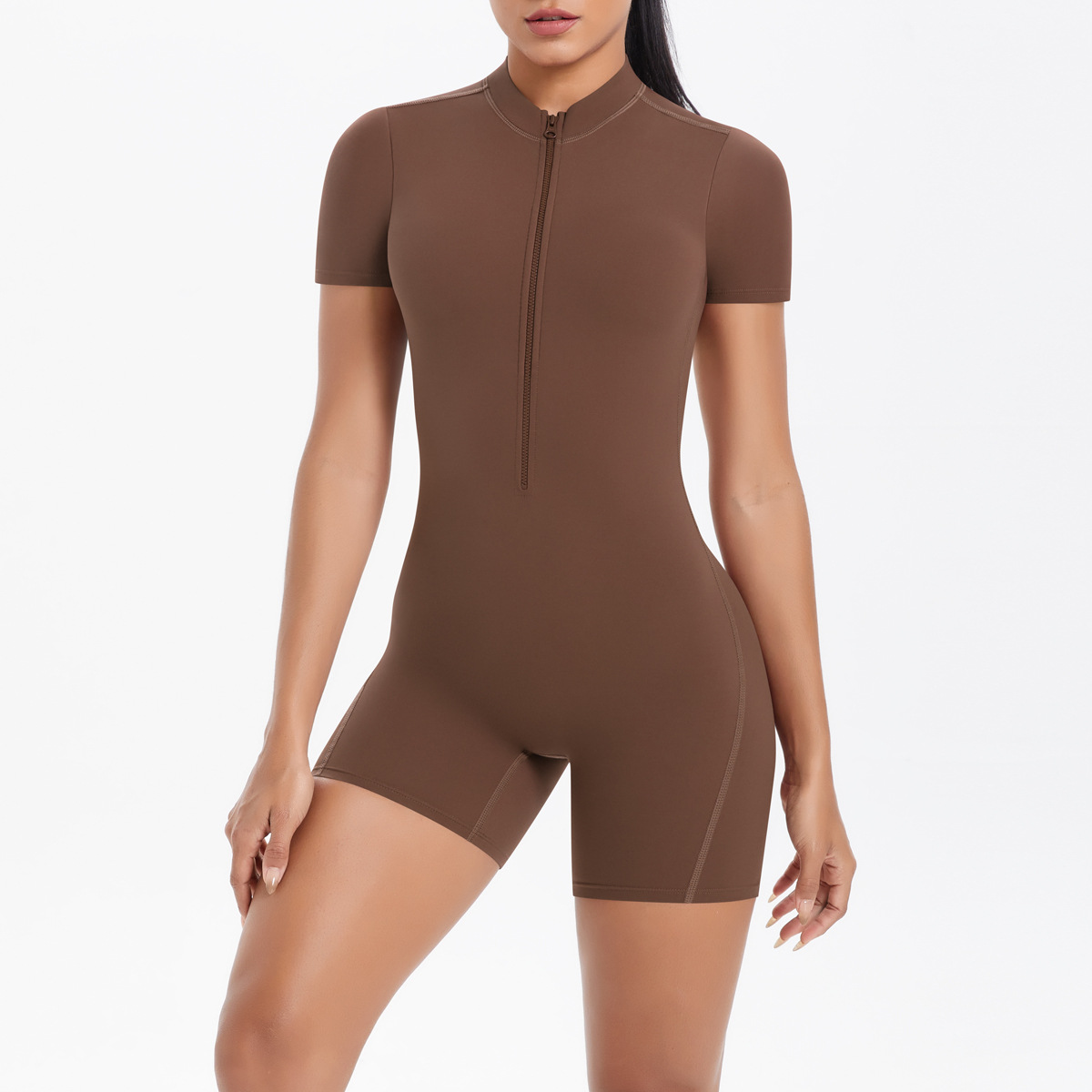 New Solid Color Zipper Beauty Back Tight One-piece Yoga Suit Breathable Sports Running Fitness Bodysuit_voghion.com
