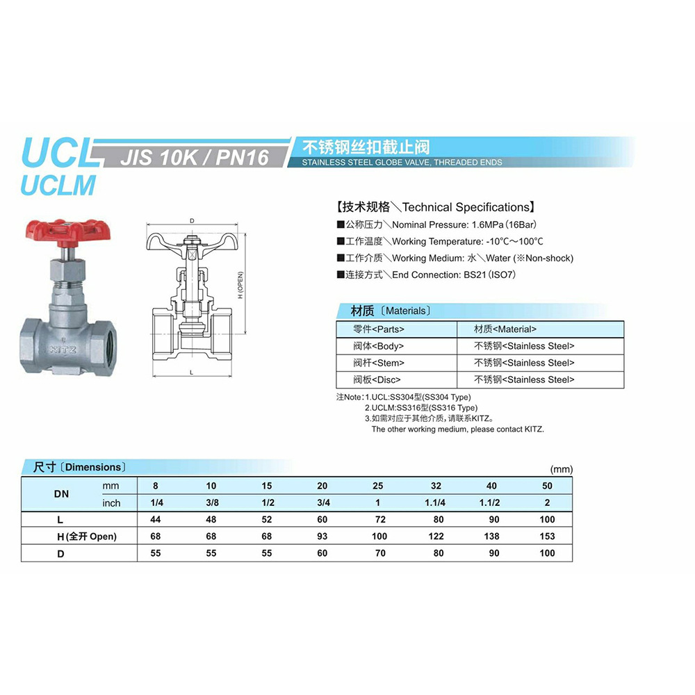原装 KITZ北泽阀门日本进口    不锈钢丝扣截止阀UCL