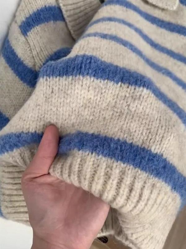 欧货小众蓝色条纹polo翻领长袖新款针织衫毛衣女秋冬慵懒套头上衣|undefined