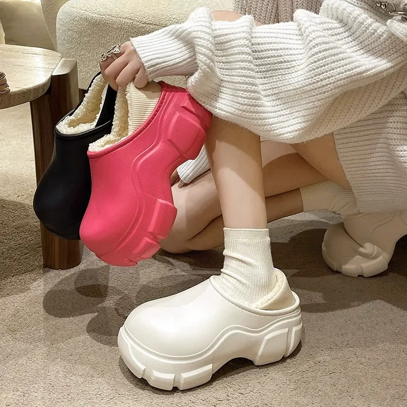 Теплые женские зимние домашние тапочки на очень толстой подошве для увеличения роста, с закрытой пяткой, водонепроницаемые, на платформе, для улицы.