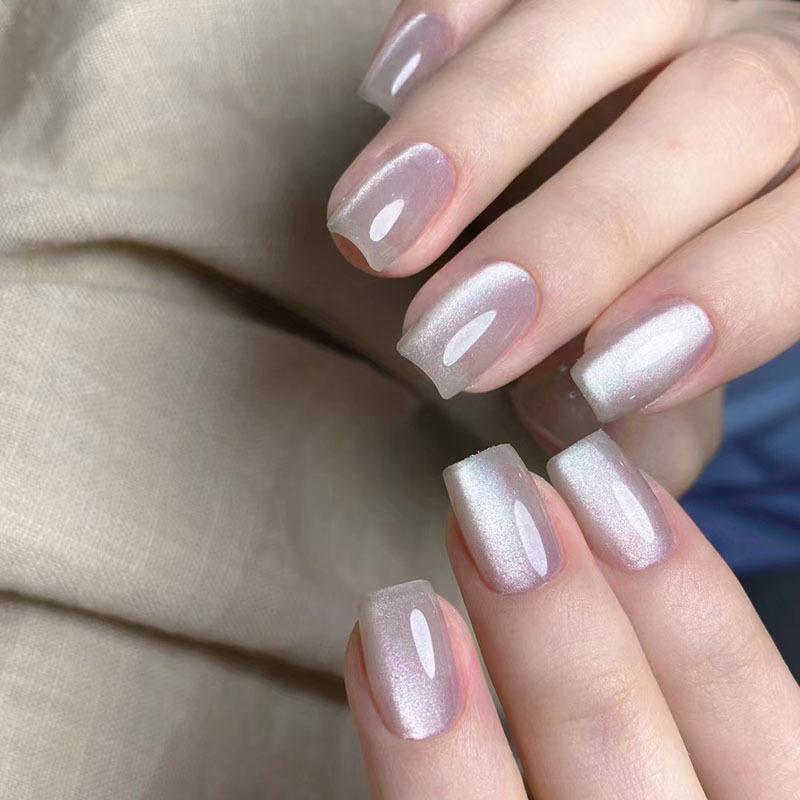 Cat's Eye Stone Design Shiny French Style False Nails for Women Removable Press on Nail Art Patch with Stickers and Nail File