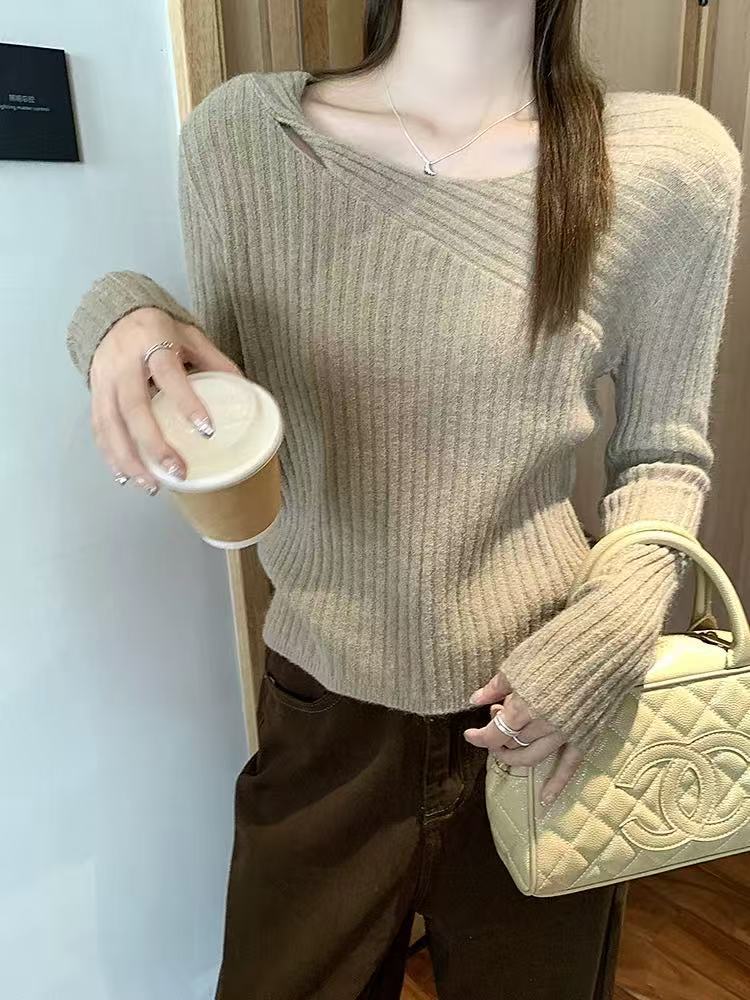 2025 nuevo diseño de torsión de hombro suéter de overhead mujeres otoño invierno vestido en el interior con camiseta de punto de manga larga image 8