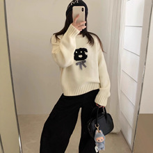 韩系蝴蝶结小狗提花圆领套头毛衣女秋冬新款宽松减龄针织衫厚上衣