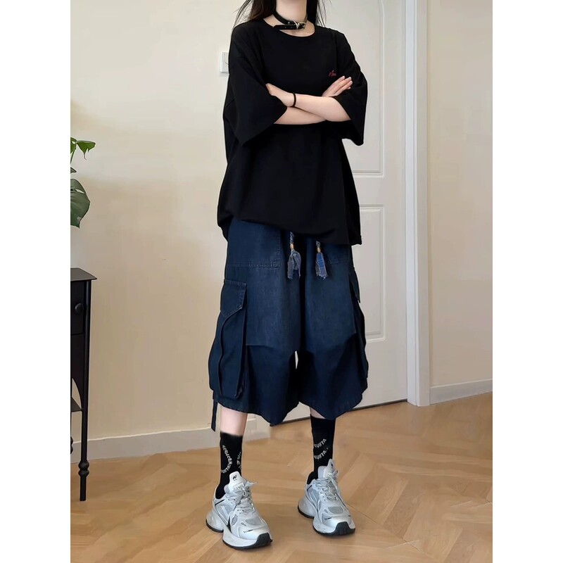 Blue Workwear Denim Cropped Pants for Men and Women, Summer Thin Style with Ribbon Pleats, Paratrooper Pants, American High Street Straight-Leg Mid-Length Pants