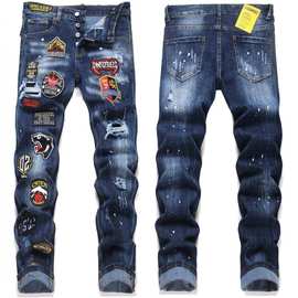 欧美风格现货高街男式牛仔裤 泼墨破洞贴布刺绣修身中腰小脚裤