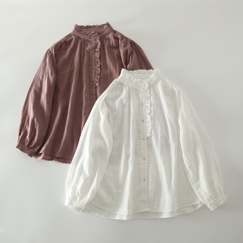 Japanese-style Fungus Lace Collar Cotton Double-layer Yarn Shirt Women's Artistic Loose plus size Slim Look All-match Long-sleeved Top Japanese-style Fungus Lace Collar Cotton Double-layer Yarn Shirt Women's Artistic Loose plus size Slim Look All-match Long-sleeved Top