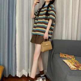 337#夏季新款休闲运动服套装女条纹时尚学生宽松短袖短裤两件套