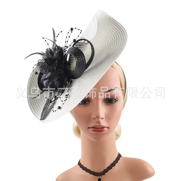 Creative European and American Cross-border Fashion Imitation Straw Hat Bridal Dinner Handmade Flower Feather Flower Headwear Hair Accessories Topper Hat