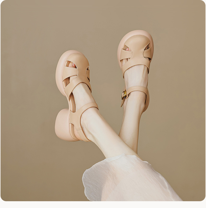 Sandal gót thô da cừu bít mũi phong cách La Mã đế dày quai ngang hở gót — Màu vàng ngỗng chi tiết 12