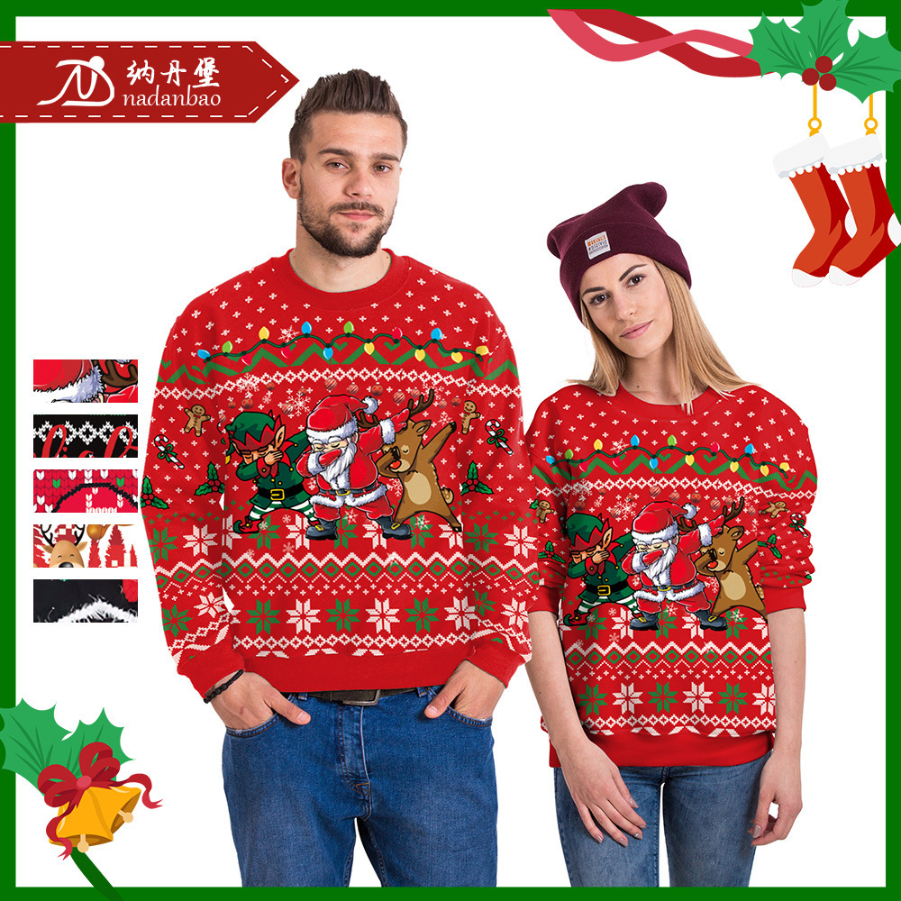 圣诞节女装欧美跨境秋季跨境新款数码印花圣诞圆领卫衣上衣情侣装