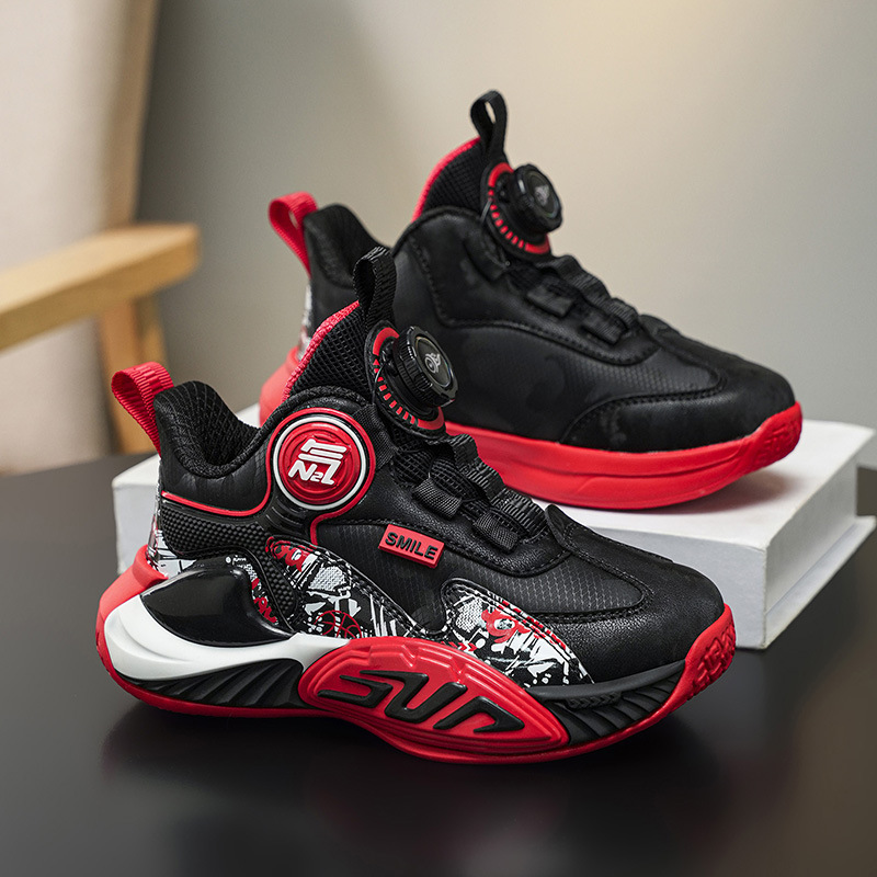 Fábrica de botones de cuero zapatos de baloncesto antideslizantes para niños zapatos de papá al aire libre con suela gruesa transpirable zapatos de carrera