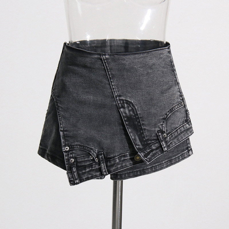 Short en jean taille haute délavé pour femme, extensible, patchwork, ourlet brut, style streetwear_voghion.com