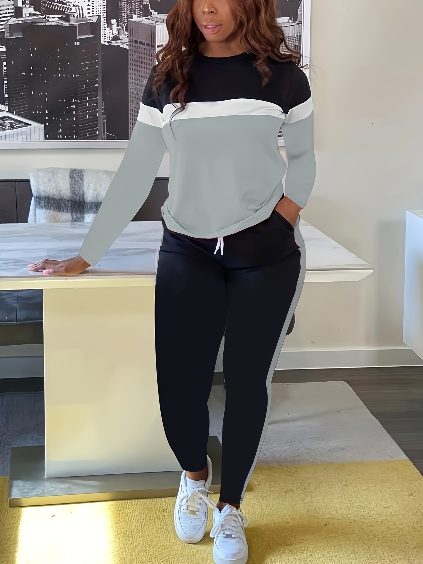 Damen Colour-block Lounge Set Mit Langarm T-shirt Und Jogger_voghion.com