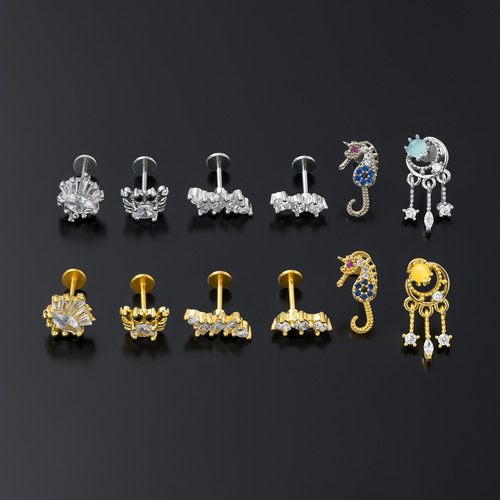 Amazon's cross-border best-selling temperament micro-encrusted zircon piercing jewelry women's flat-bottomed ear bone studs ear studs and lip studs wholesale