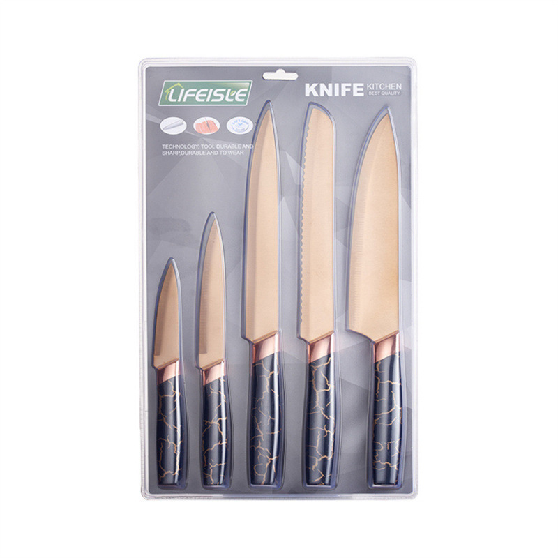 Kit de cuchillos de cocina 5 piezas de acero inoxidable mármol con cabeza galvanizada fábrica de embalaje de tarjetas de succión spot Yangjiang