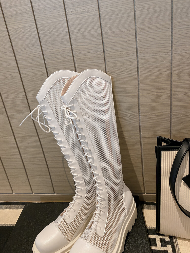 Boot lưới da thật cổ cao đế dày thoáng khí mùa xuân hè phong cách kỵ sĩ buộc dây — Màu nâu ống lớn, Màu đen cổ ống lớn, Ống nhỏ màu đen, Ống nhỏ màu be chi tiết 42