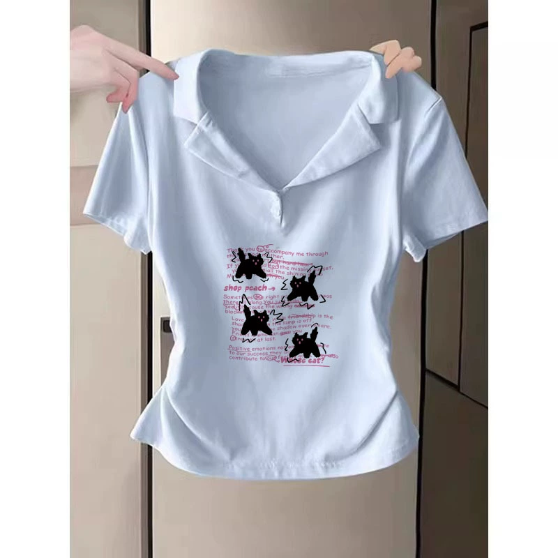 奶蓝色polo衫上衣正肩T恤女蓝色短袖修身收腰半袖小众2025新款夏