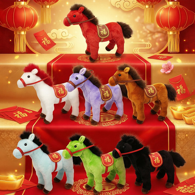 Year of the Horse Plush Toy Doll Black Horse Red Horse Colorful Horse Zodiac Horse Stuffed Toy Company Annual Meeting Gift Wholesale