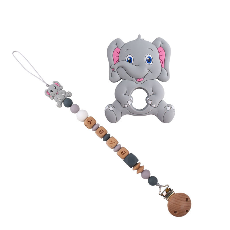 Bebé de dibujos animados elefante de silicona teether stick teether nuevo bebé nombre chupete cadena traje