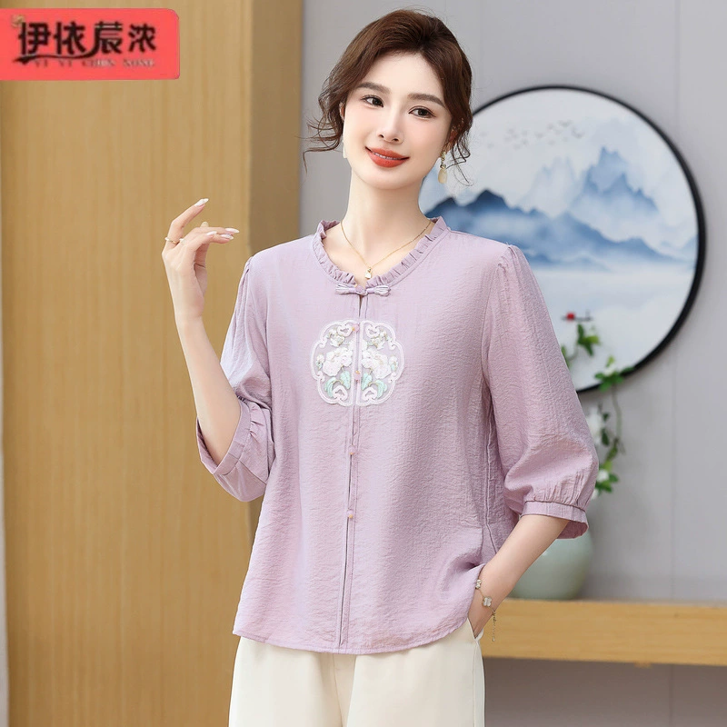 Темперамент ретро национальный стиль рубашка с короткими рукавами мама женская одежда среднего возраста тонкая классная рубашка для подарков ко Дню матери