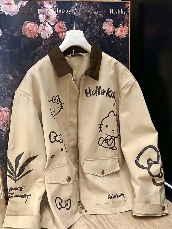 卡其色Kitty猫印花百搭风衣女2025秋季慵懒感宽松显瘦外套上衣|undefined