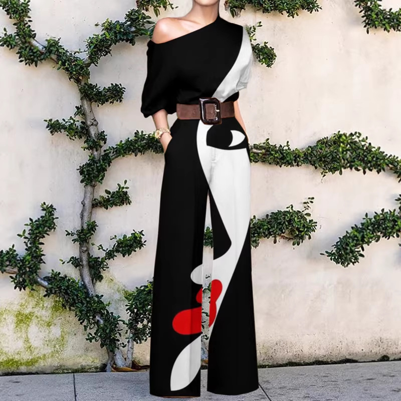 Amazon 2022 Summer European and American Fashion Printed Shoulder Holiday Casual High Waist Jumpsuit for Women Without Belt