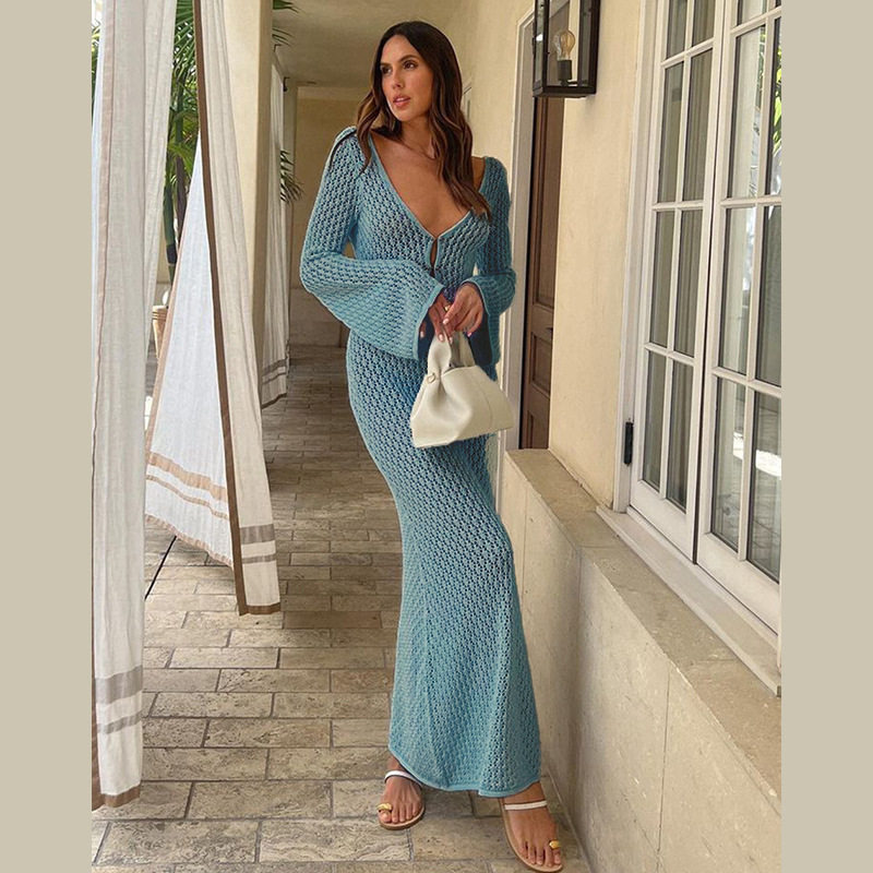 European and American Summer New Beach Skirt Women's Solid Color Sexy Knitted Hollow Beach Bikini Swimsuit Women's Dress European and American Summer New Beach Skirt Women's Solid Color Sexy Knitted Hollow Beach Bikini Swimsuit Women's Dress
