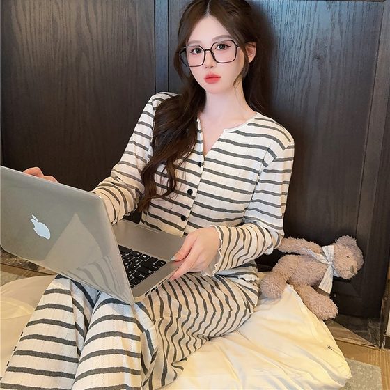 Pajamas Women's Summer and Autumn Jacquard Cotton Striped Loose and Comfortable Outer Wearing Long Sleeve Trousers suit Cotton Home Clothes