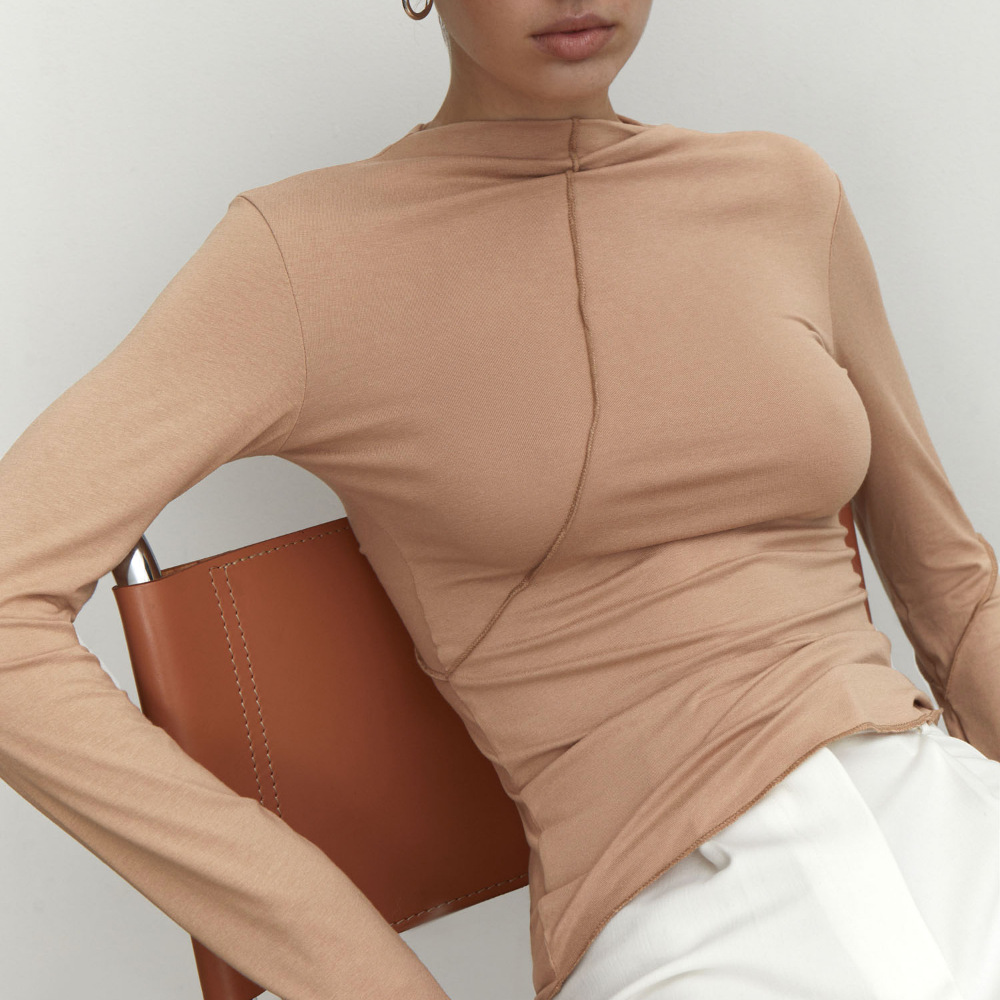 Half high neck base shirt with spring trend slanted edge splicing design, elastic slim fit long sleeved T-shirt_voghion.com