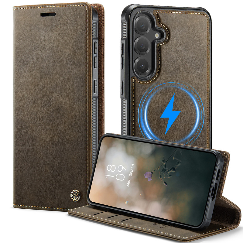 Suitable for the New S25Ultra Card-Inserting Phone Case, Samsung S26 Phone Leather Case, Magnetic A55 Cowhide Pattern Protective Case