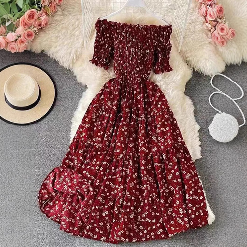 2025 Spring and Summer One-Shoulder Length Skirt High-Waist Slimming Knee-Length Full-Skirt Retro Floral Dress Cross-Border Direct Sales