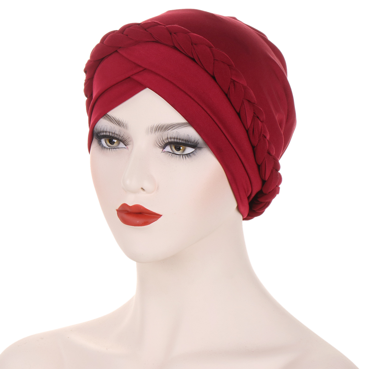 cappello turbante intrecciato foderato in raso tinta unita sulla fronte da donna doppia croce cappello pullover musulmano in stock_voghion.com