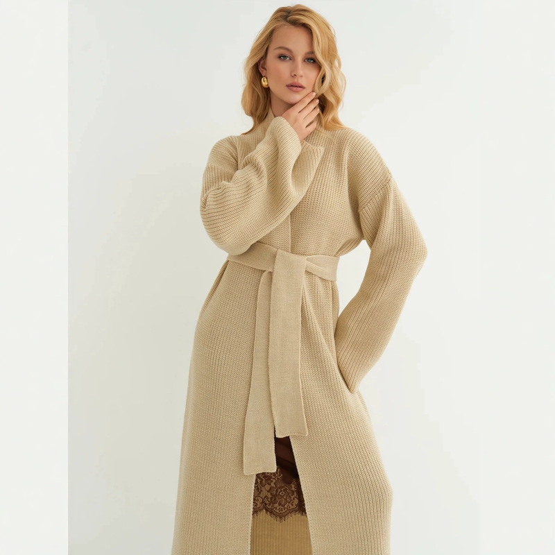 Cross-Border Style Long Over-The-Knee Sweater Cardigan for Women, New Autumn and Winter Lazy Style Loose Belt Knit Coat for Women Trendy Cross-Border Style Long Over-The-Knee Sweater Cardigan for Women, New Autumn and Winter Lazy Style Loose Belt Knit Coat for Women Trendy
