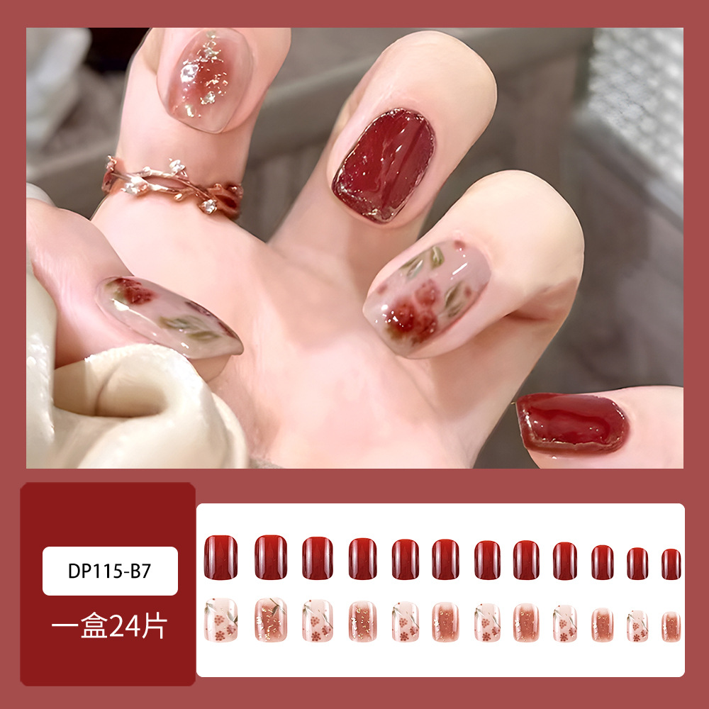 24 piezas de uñas cortas en caja, parche de uñas dulce y fresco, uñas de cereza roja brillante, uñas de uñas