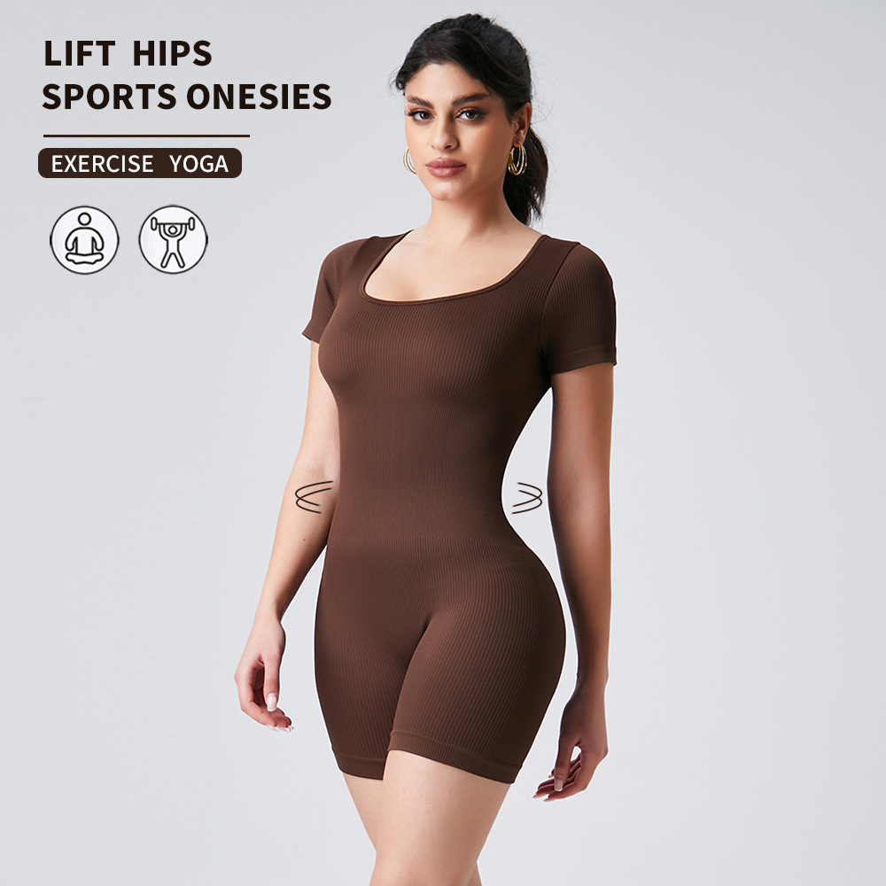 Cross-border European and American new nude yoga short-sleeved one-piece training aerial yoga one-piece suit dropshipping