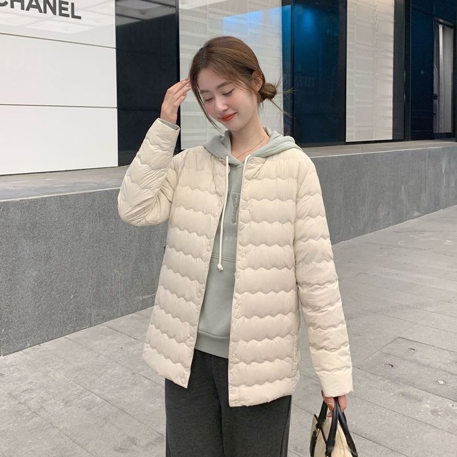 轻薄羽绒服女中长款无领秋冬新款短款内胆保暖白鸭绒圆领外套