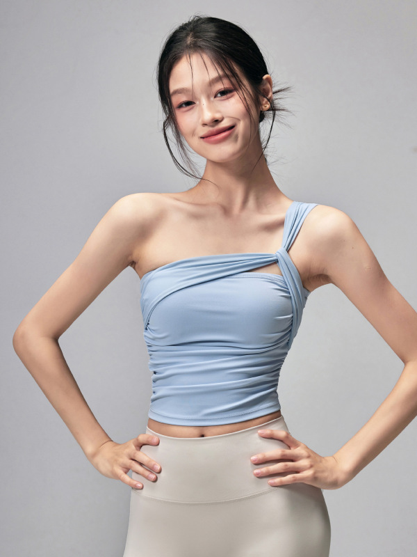 时髦单肩美背瑜伽内衣女固定胸垫防震运动背心健身普拉提训练文胸|undefined