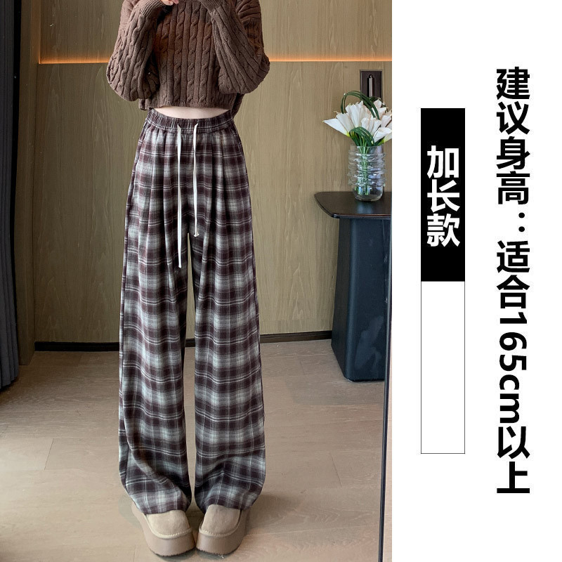 Pantalones de pierna ancha con cordón de cintura alta a cuadros retro mujeres 2024 otoño e invierno más pantalones casuales rectos de moda sueltos y delgados de terciopelo image 12