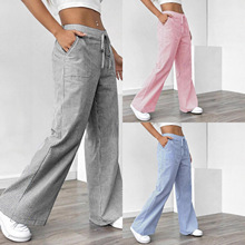 欧美外贸跨境2024新款条纹长裤休闲百搭街头时尚宽松阔腿女