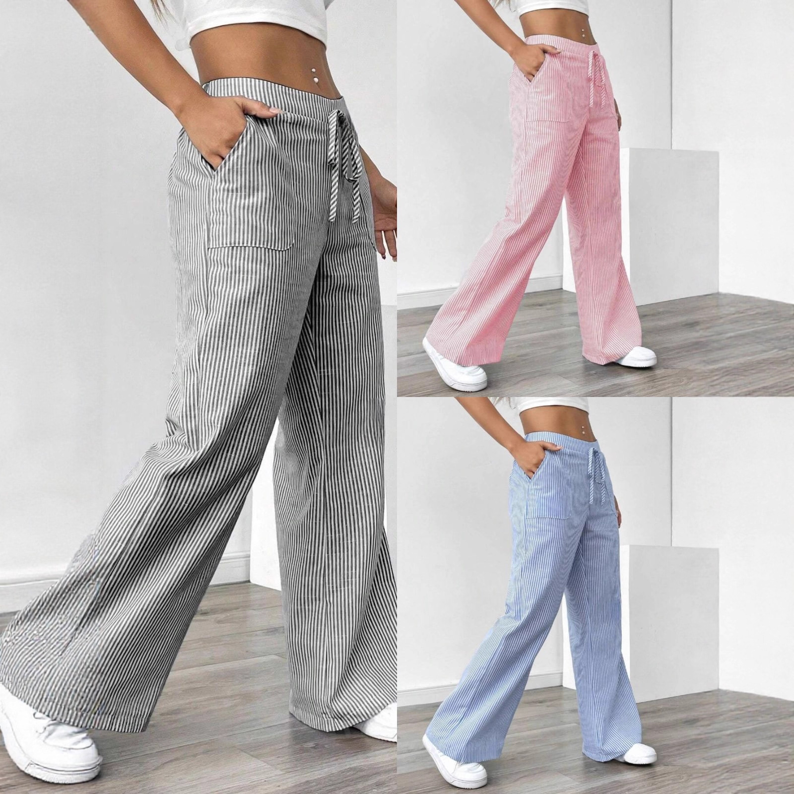 European and American Foreign Trade Cross-Border 2024 New Striped Long Pants Casual Versatile Street Fashion Loose Wide-Leg Women