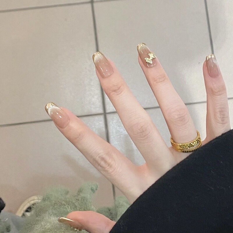 Handmade nail Removal Wear Fake Nail Waterlight Cat's Eye Magic Mirror French Champagne Gold Bow Manicure