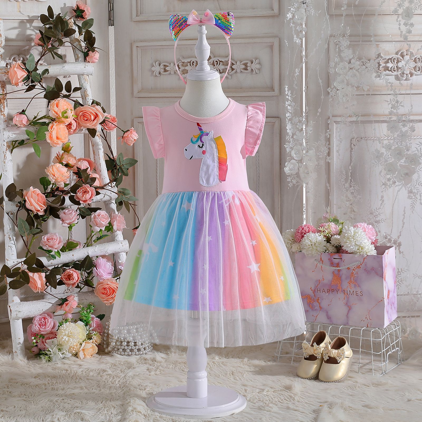Girls' dress Summer 2025 New Children's Western Style Vespa Dress Baby Girl Princess Dress Summer Rainbow Mesh