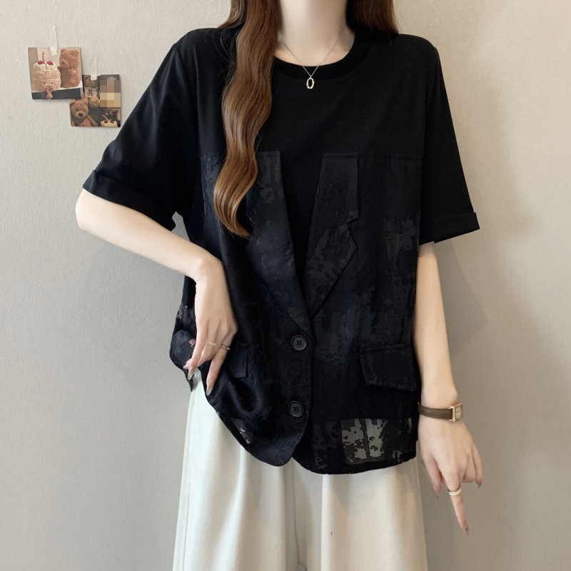 T5C リアルショービッグサイズ婦人服 2025 夏の新デザインニッチスーツ襟ステッチジャカード偽ツーピース痩身|undefined