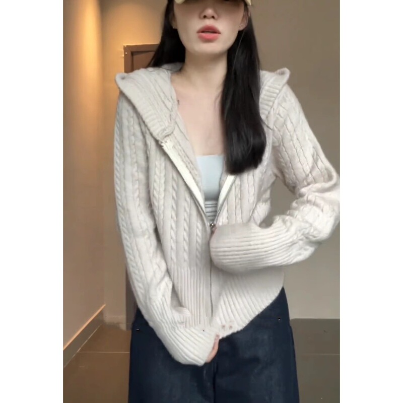 Gentle Twist-Knit Hooded Cardigan, Spring and Autumn Korean Style, Lazy Zipper Wool Coat, Sweater, Waist-Cinching Short Style Gentle Twist-Knit Hooded Cardigan, Spring and Autumn Korean Style, Lazy Zipper Wool Coat, Sweater, Waist-Cinching Short Style