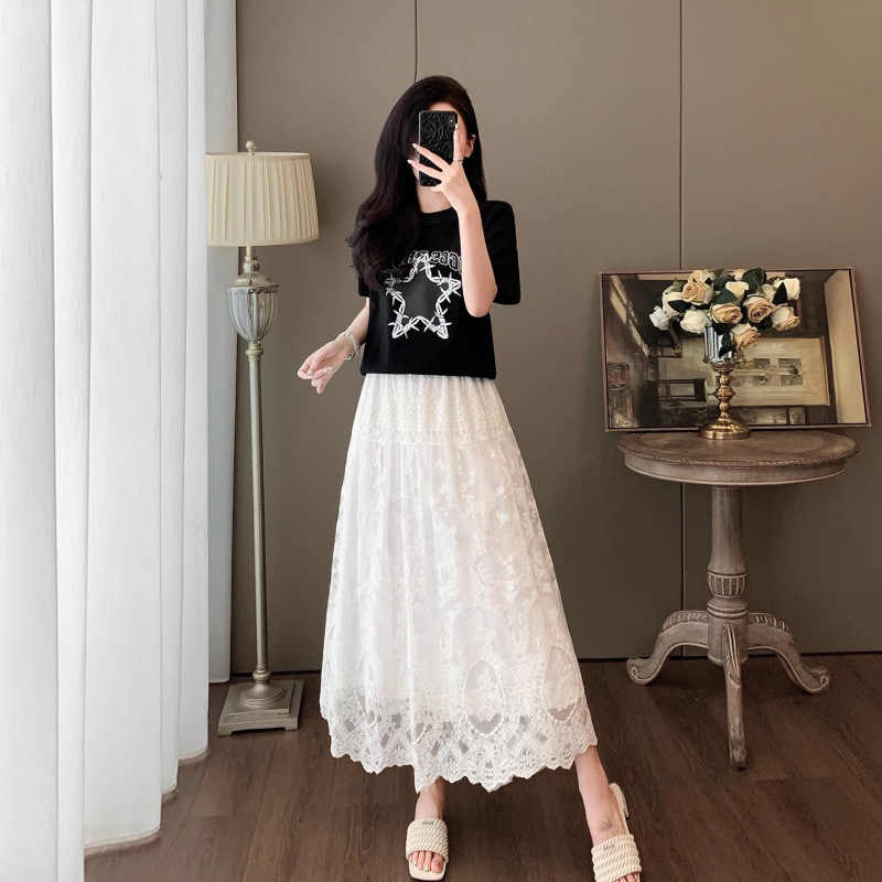 淑女气质时尚套裙女2025夏高端显瘦黑色短袖T恤网纱半身裙两件套