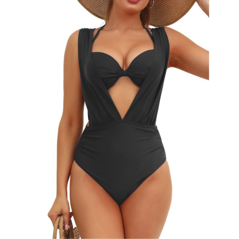 New Cross-Border One-Piece Swimsuit for Women European and American Sexy Pure Color Deep V Beach Bikini Export Women's Swimwear