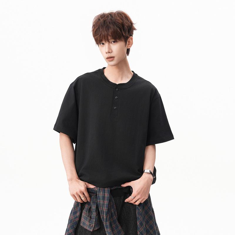 DX368 Japanese-style simple half-button short-sleeve T-shirt for men, 2026 summer loose retro versatile casual short-sleeve shirt