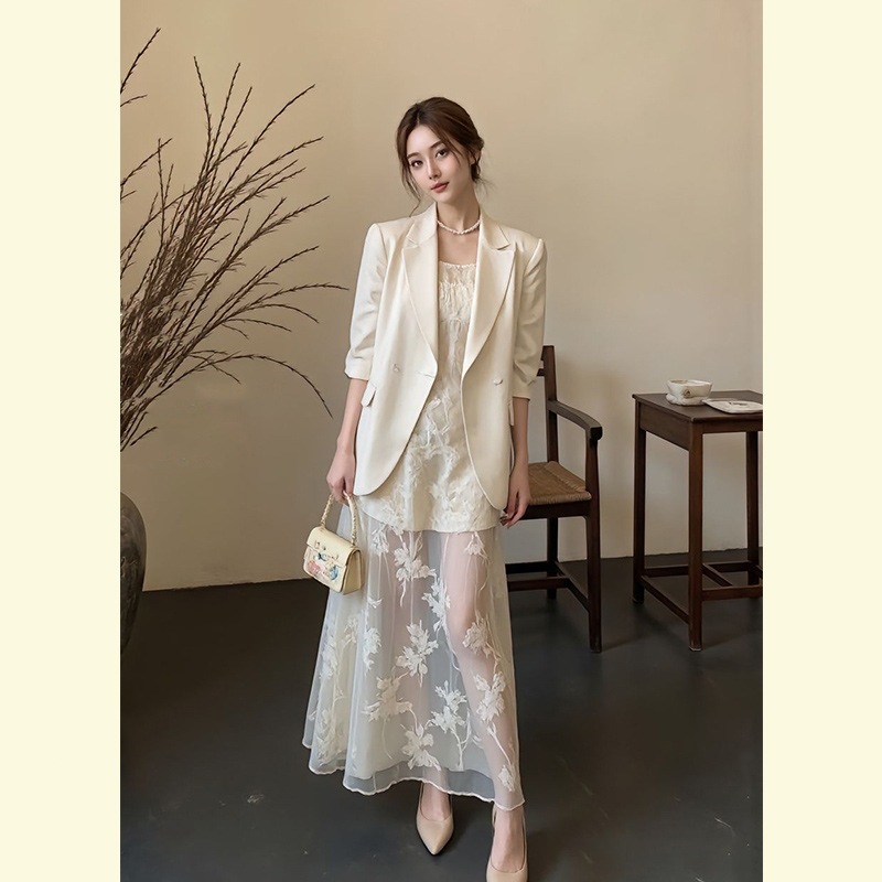 2786 빅사이즈 여성 코디 초봄 유행 샤넬풍 재킷 뚱뚱녀 레이스 끈 나시 원피스 세트